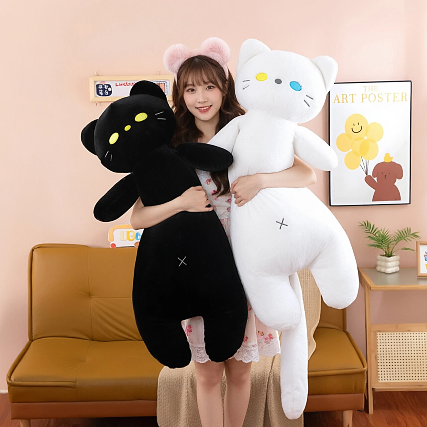 Large Size Cute Cat Long Plush Pillow 3 Colors Soft Stuffed Animal Doll Kids Sleeping Pillow Birthday Gift Home Bed Decoration