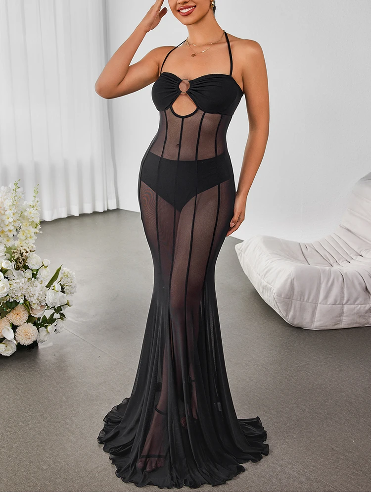 NewAsia Sexy Sheer Mesh Maxi Dress Halter Neck Tie Backless Bra Cups Hollow Out Design Women's Sleeveless Party Dress Clubwear