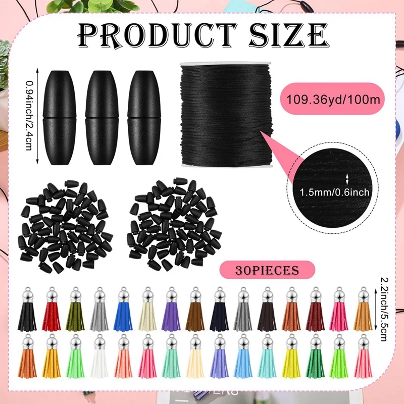 30 Sets Silicone Beaded Ring Making Kit 65Mm Round Silicone Bead Ring And Keychain Tassel Pendant Black Buckle For DIY