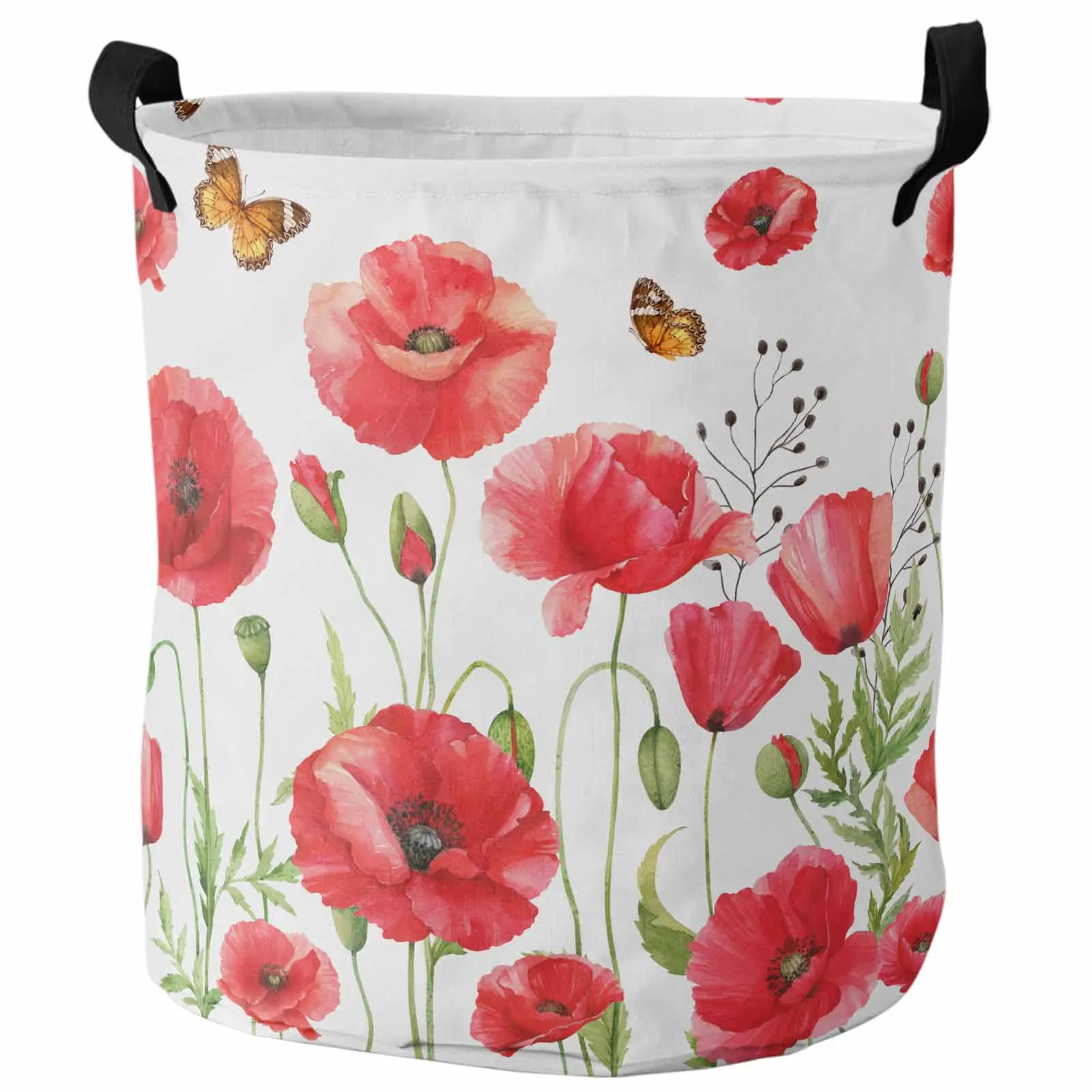 

Red Retro Watercolor Poppy Flower Foldable Dirty Laundry Basket Kid's Toy Organizer Waterproof Storage Baskets