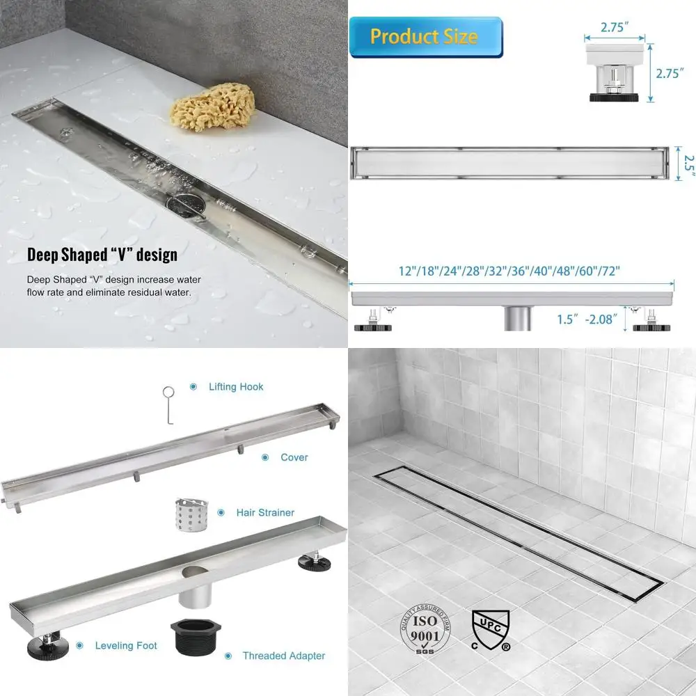 

40 40-Inch Linear Shower Drain with Tile Insert, Brushed Stainless Steel, Hair Strainer & Adjustable Feet