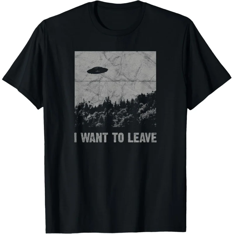 Men's and Women's Sports Leisure Fashion Short Sleeves, I Want to Leave UFO Roswell Alien Conspiracy Black Top T-shirt