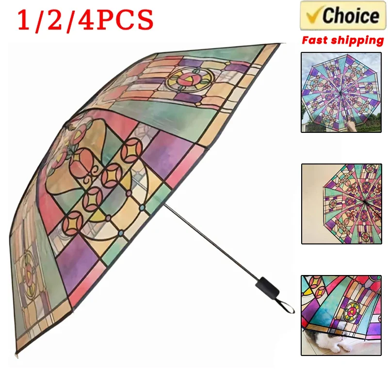 2024 New 4PCS British Style Rainforest Arch Transparent Umbrella Painted Glass Transparent Rain Long Handle Automatic Umbrella