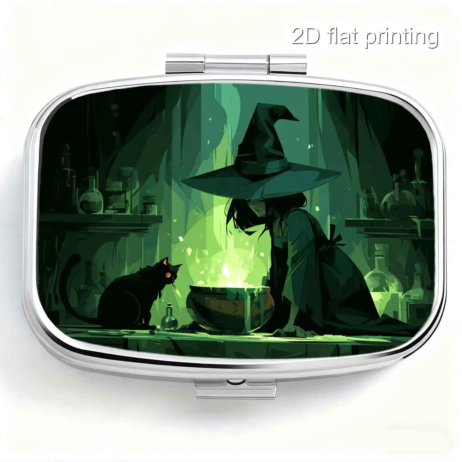 1Pc, Flat Dark-Toned Illustration of a Black Cat and Potion Pot Workshop Scene, Portable Medicine Box, Thickened Metal Travel Pill Organizer, Handbag-Specific Compartmentalized Organizer, Vintage Witch-Style Travel Essential Creative Gift