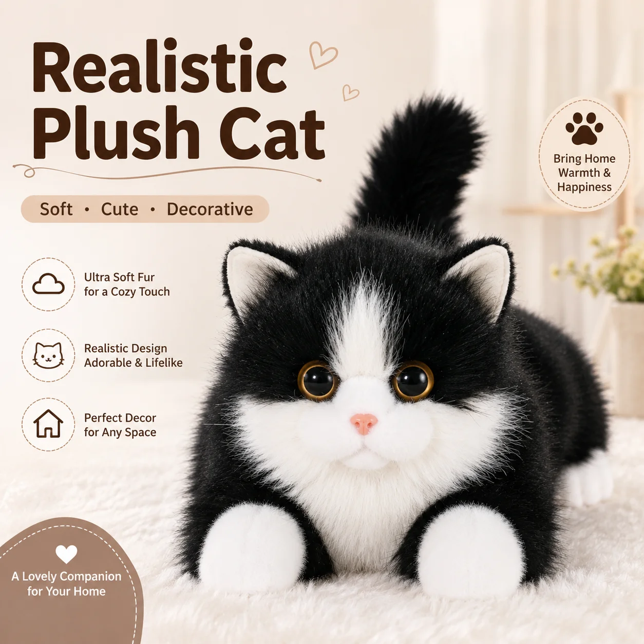 Simulation Plush Cat Toy Realistic Long Fur Kitten Doll Soft Stuffed Animal Cat Pillow Home Decoration Gift for Kids Girls