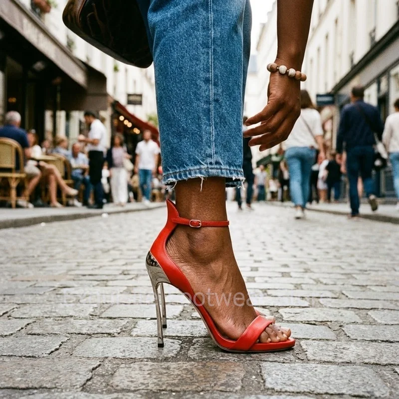 

Fashion Multi Colors PU Leather Mules Sexy Open Peep Toe Ankle Strap Metallic Chrome High Heels Summer Evening Party Big Sizes
