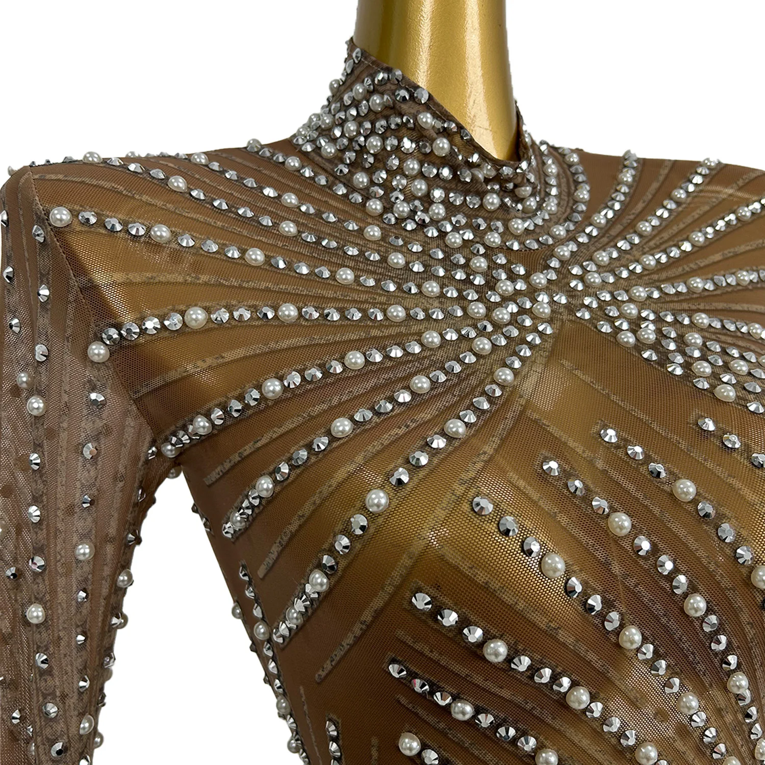 Sexy Pearls Rhinestone Party Dresses Women Elegant Nightclub Birthday Dress Long Sleeve Mesh Sheer Bodycon Dress Zonglv