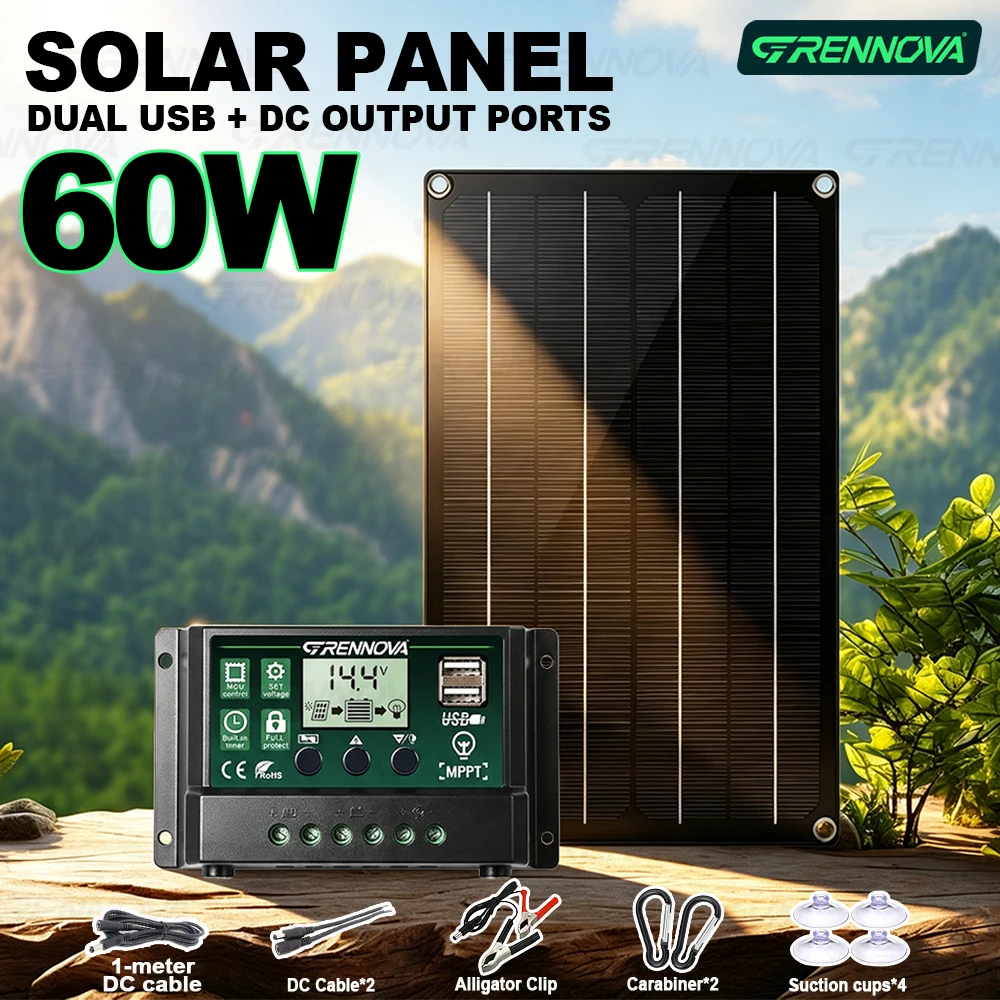 

60W Solar Panel Kit 18V DC Output with 5V USB MPPT Controller Complete with Cables Clips & Suction Cups for RV & Off-Grid Life