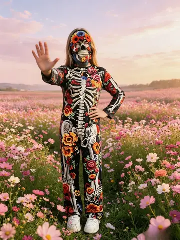 Halloween Kids Floral Skeleton Costume Jumpsuit With Mask Day Of The Dead Cosplay Outfit