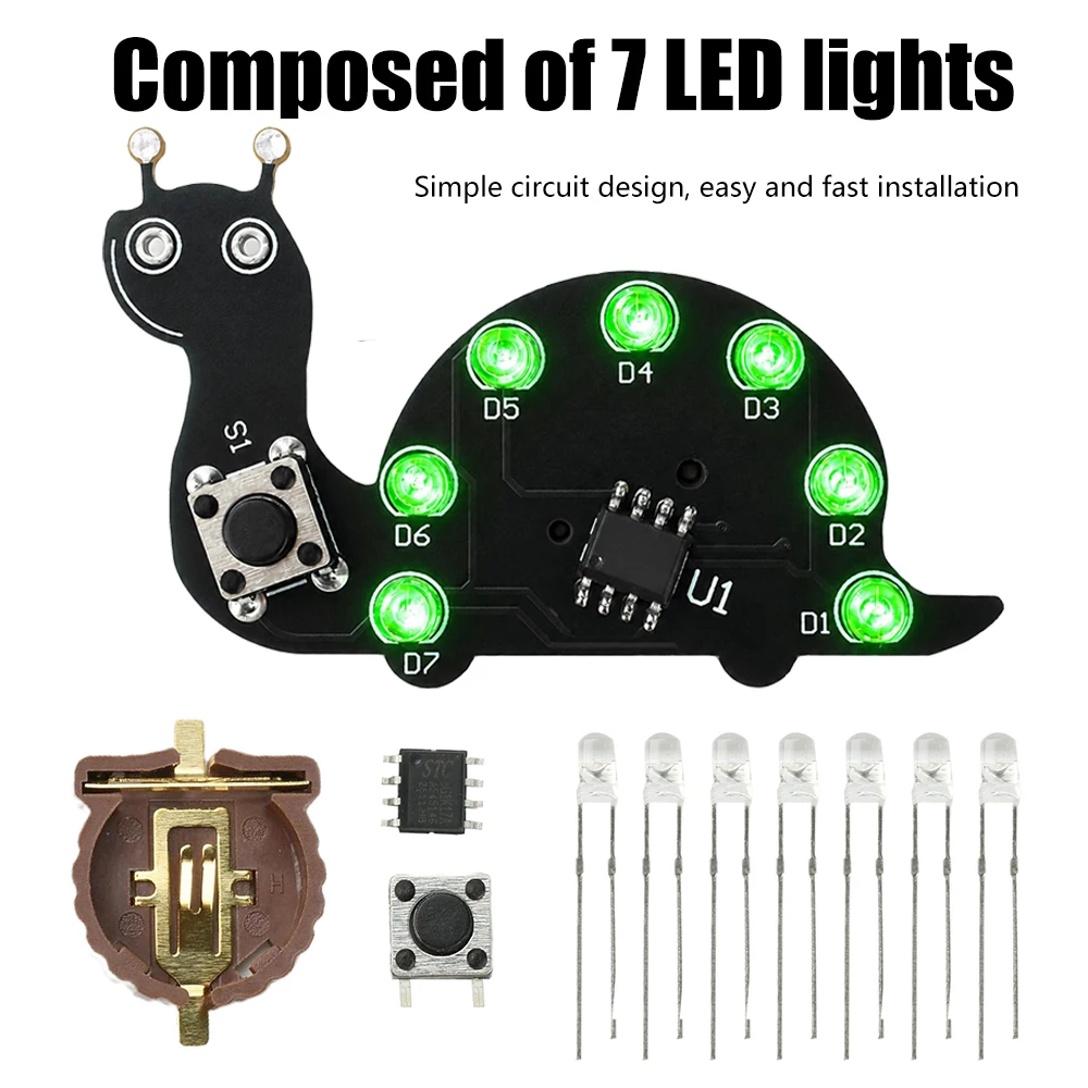 Snail-Shaped LED Running Light Soldering Practice Board with 7 LEDs DIY Electronics Learning Board for Beginners