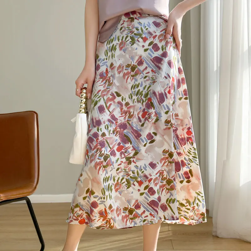 High end Smooth Satin Silk Versatile High Waisted Skirt For Women High Waisted A-line Skirt New Summer Printed Umbrella Skirt