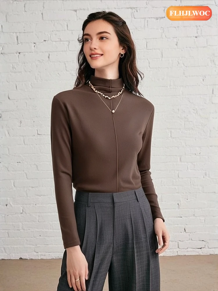 

Retro Vintage Half Turtleneck Tops Tees New Year Woman Spring Autumn Basics Shirt Long Sleeve Elegant Office Lady Solid T-Shirts