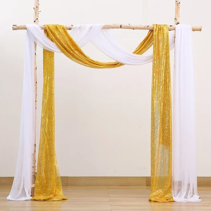 

2 Pcs Sequin Gold Chiffon White Wedding Arch Draping Fabric Glitter Background Cloth for Wedding Birthday Reception Party Decor