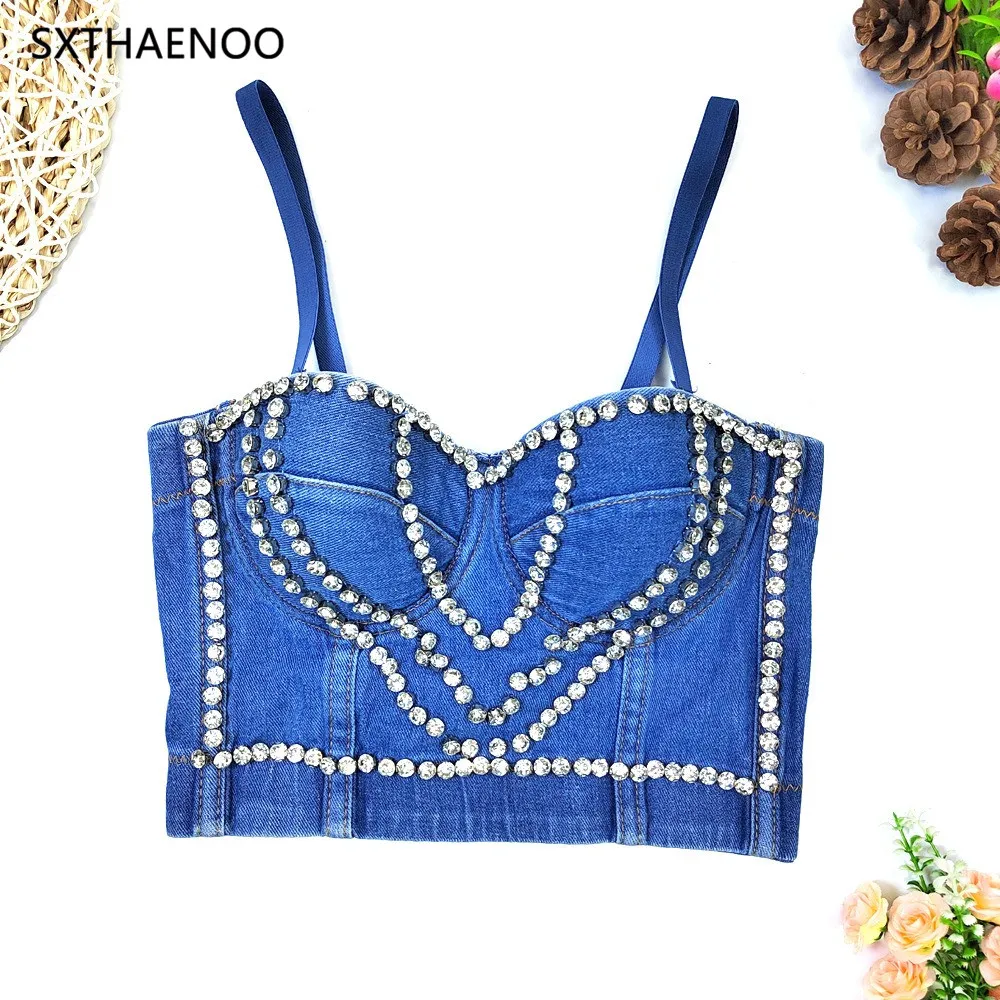 

SXTHAENOO 2023 New Summer Beaded Denim Camisole Women Fashion Stage Performance Corset With Cheat Pad Diamond Tupe Crop Top Veat