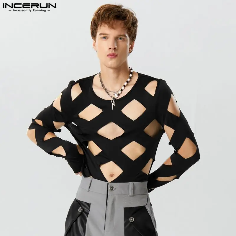 Incerun Heren Bodysuits Effen Kleur Uitgehold Sexy O-hals Lange Mouw Heren T-Shirts Rompers Streetwear 2024 Mode Bodysuit S-3XL