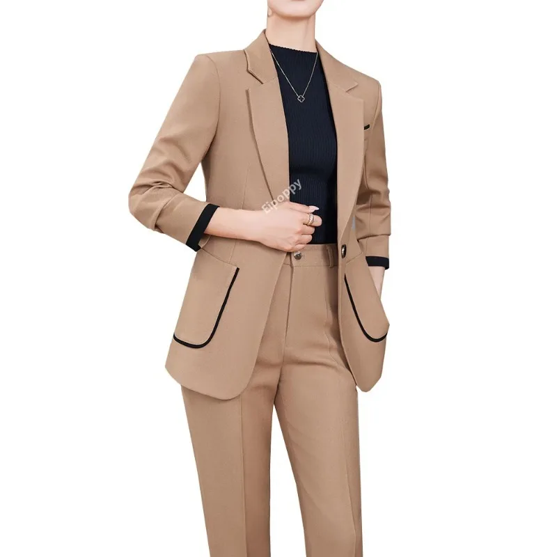 2024 New Khaki Black Beige Women Pant Suit Ladies Blazer e pantaloni donna formale lavoro aziendale 2 pezzi Set con tasca