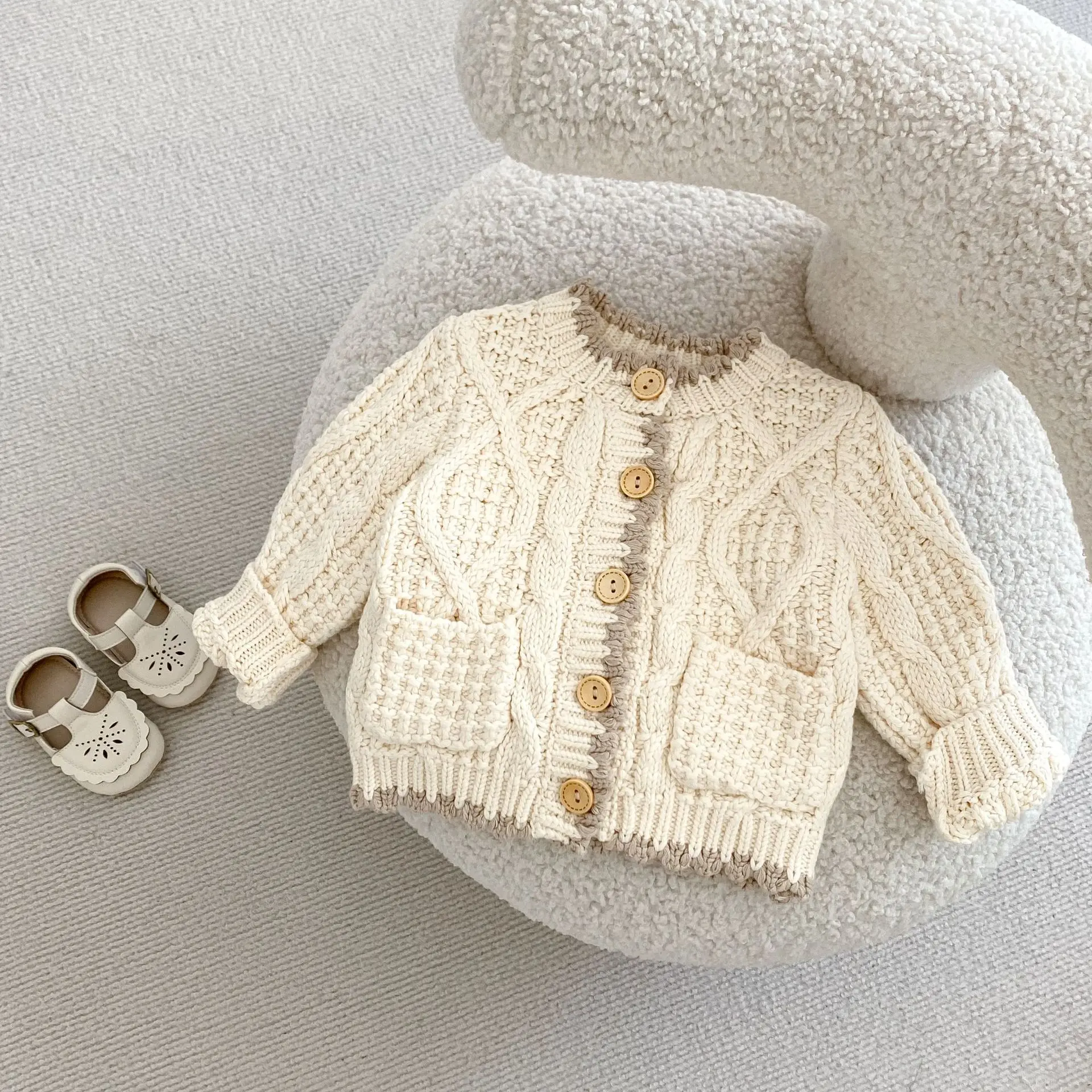 

Cotton Knit Cardigan 2025 Spring and Autumn Baby Color Blocked Edge Round Neck Fashion All-match Soft Knitted Coat