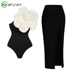 MUOLUX 2024 Stroje kąpielowe Trzyczęściowe zestawy bikini Cover Up Kobiety Ruffle Push Up 3D Flower Swimsuit Print Monkini Beach Wear Dresses