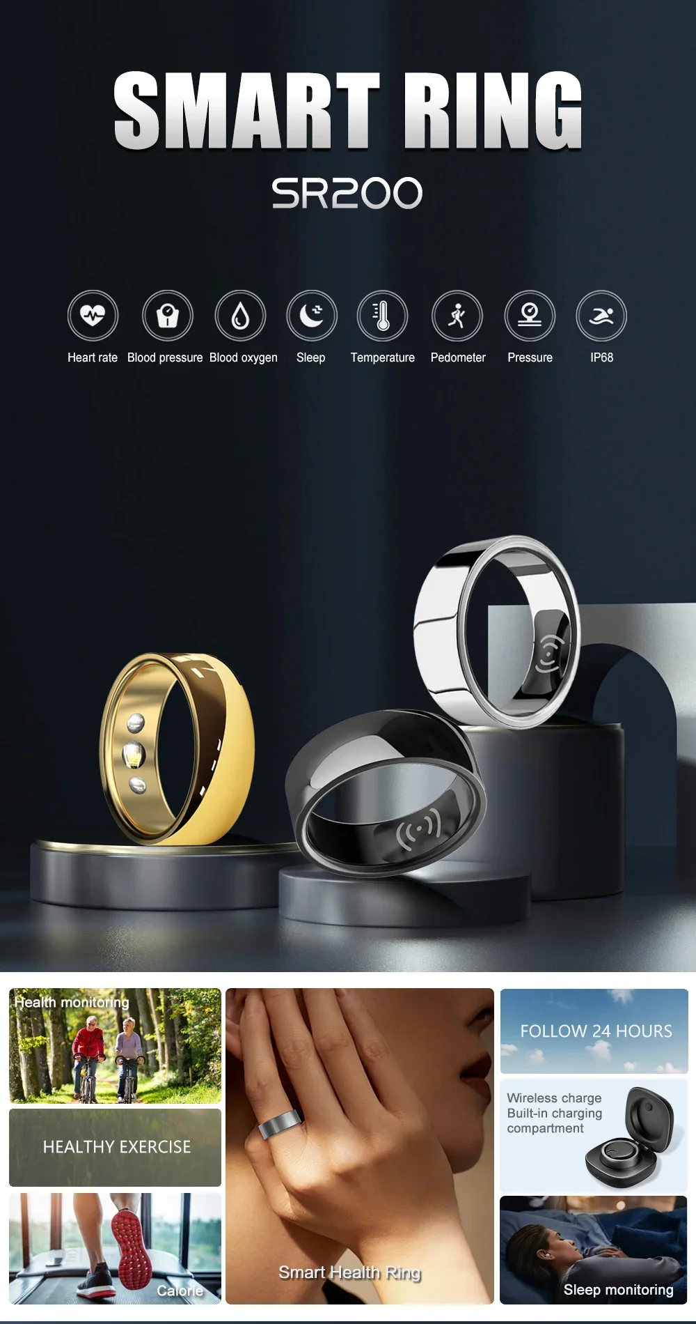 

-For IPX8 Waterproof Fitness Tracker Health Monitor Heart Rate Blood Oxygen App Control Smart RingIOS Plastic VikingSword Iradis