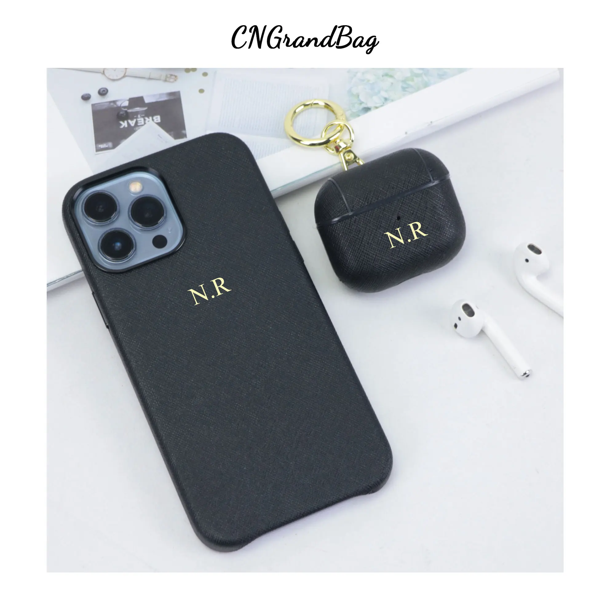 New Customized Gift Set Luxury Saffiano Leather Mobile Phone Case for 14 13 12 PRO MAX  Matched Airpods 1/2/3/Pro case Keychain