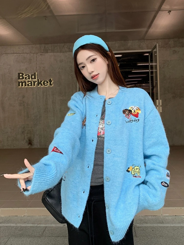 

Korobov fashion all match Autumn casual loose O Neck Single breasted cartoon embroidery Knitted cardigan
