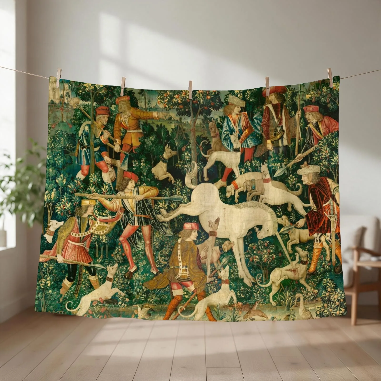 The Hunt of the Unicorn Tapestry. The unicorn defends himself (From Unicorn tapestries) Throw Blanket warm winter Thins Blankets