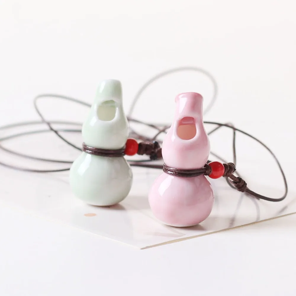 Cute Sweet Pink Green Ceramic Gourd Whistle Pendant Necklace for Women Exquisite Ethnic Style Summer Rope Weaving Collar Jewelry