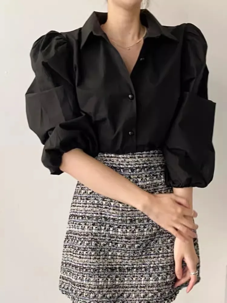 Chic Spring Faion Lightweight Bubble Sve Turn-down Collar Versatile Single-button Women's irt Commute Sle Pure Color