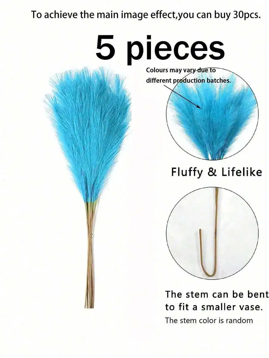 5pcs Artificial Fluffy Blue Pampas Grass Decor For Vase Farmhouse Wedding Home
