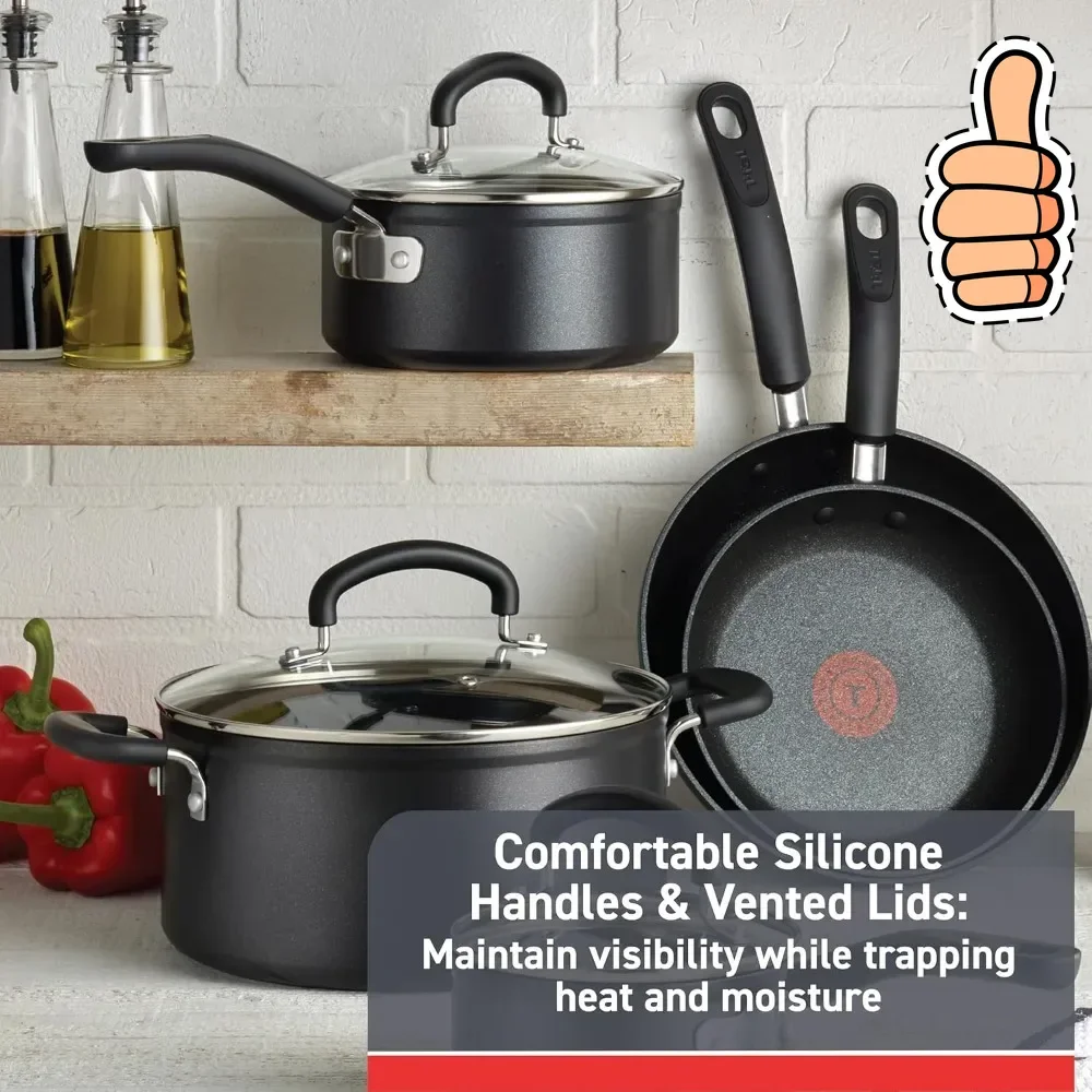 

НОВЫЙ набор кухонной посуды с антипригарным покрытием T-fal, 12 предметов, сейф для бройлеров в духовке 350F, кухонный набор для приготовления пищи с сковородой, кастрюлями, глубоким соусом