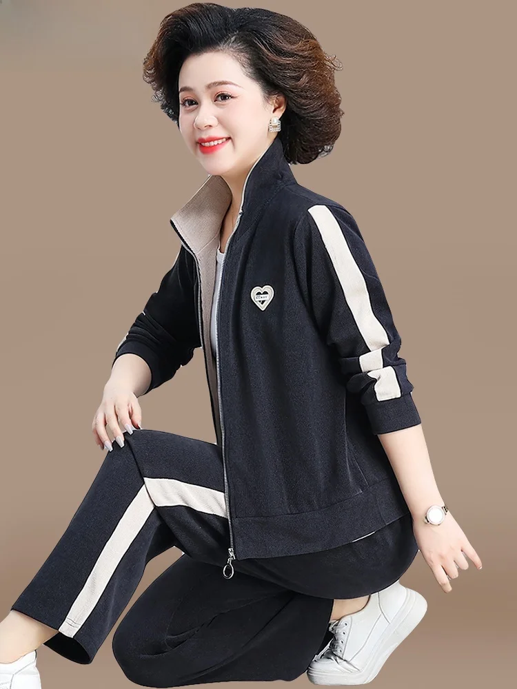 

Faionable Sportswear Set for Women over 40 Spring Autumn Casual Loose Fit Long Pants Zipper Ne Two Piece Suit Polyes...