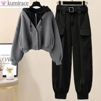 Winter Neue Plus Größe Plüsch Verdickt Einreiher Hoodie Tunika Lose Berufsbekleidung Elegante frauen Hosen Set Mode Outfit