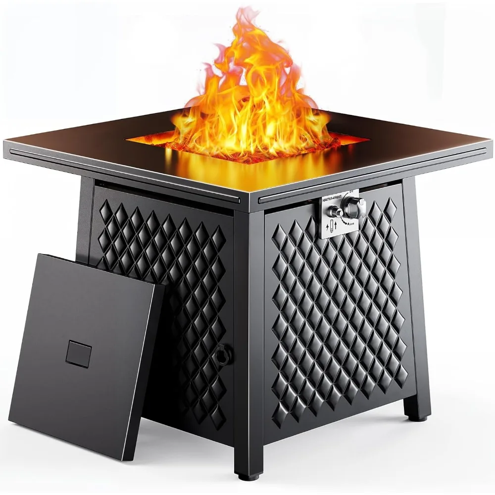 

32 Inch Outdoor Propane Gas Fire Pit Table with 50,000 BTU, Steel Lid and Lava Rocks, Dual-Purpose Square Design