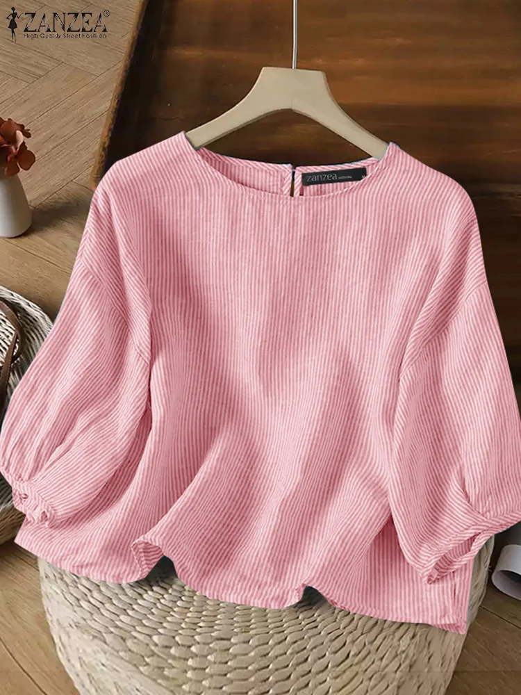 

Summer Women Tops ZANZEA Casual 3/4 Sleeve Stripe Blouse Tunic Elegant O Neck Work Shirt Stylish Holiday Blsuas Female Chemise