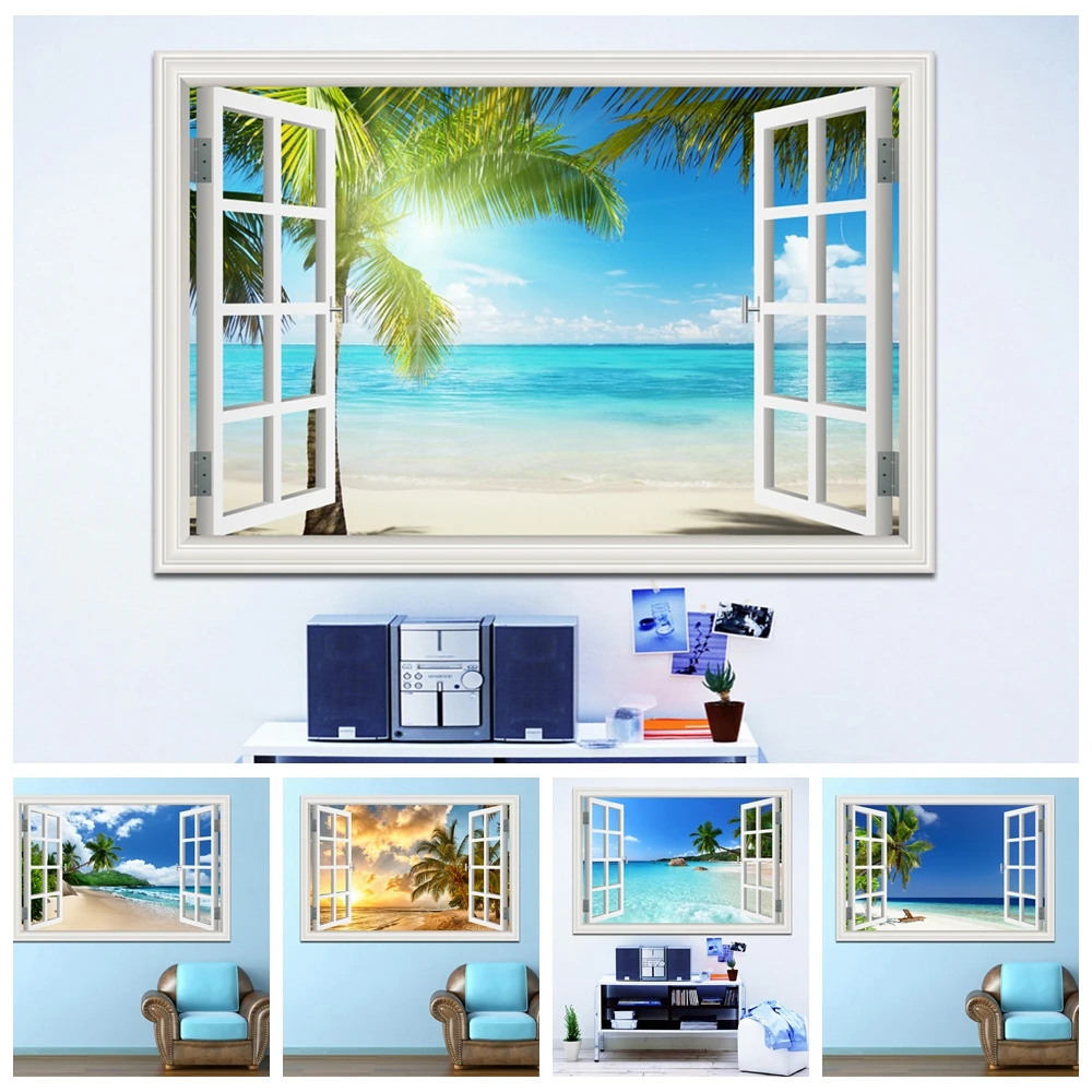 

3D Beach Window View Wall Sticker Removable Summer Coconut Tree Murals Wallpaper Peel and Stick Living Room Kitchen Sticker