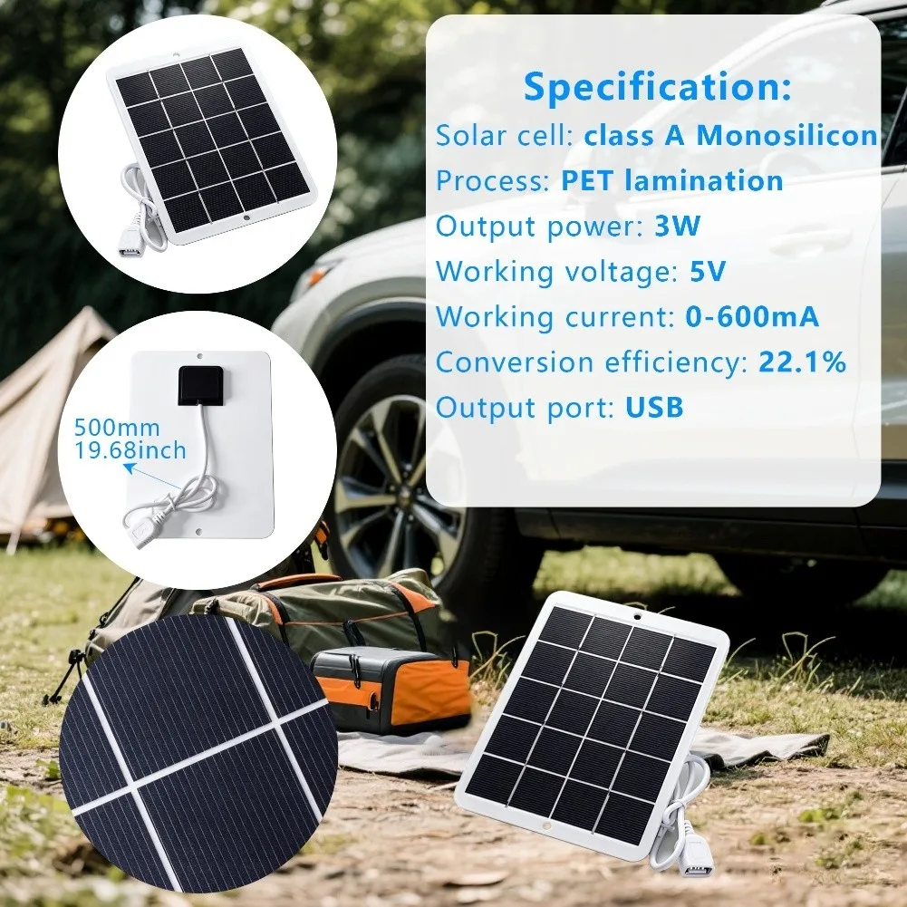 3W Monosilicon Solar Panel 5V USB Output for Mobile Devices Supporting Camping Hiking Fishing and RV Power Requirements