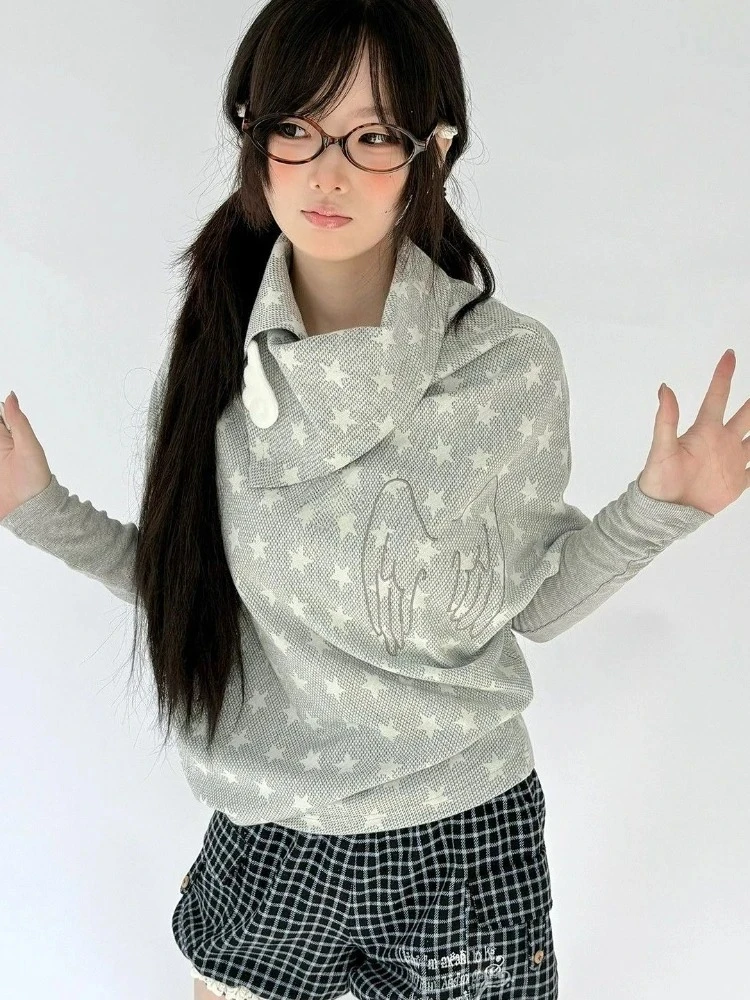 Harajuku Vintage Star Print Hoodie Frauen Casual Lose 2000er Jahre Subkultur Shirts Y2k Ästhetische Batwing Hülse Streetwear Sweatshirt