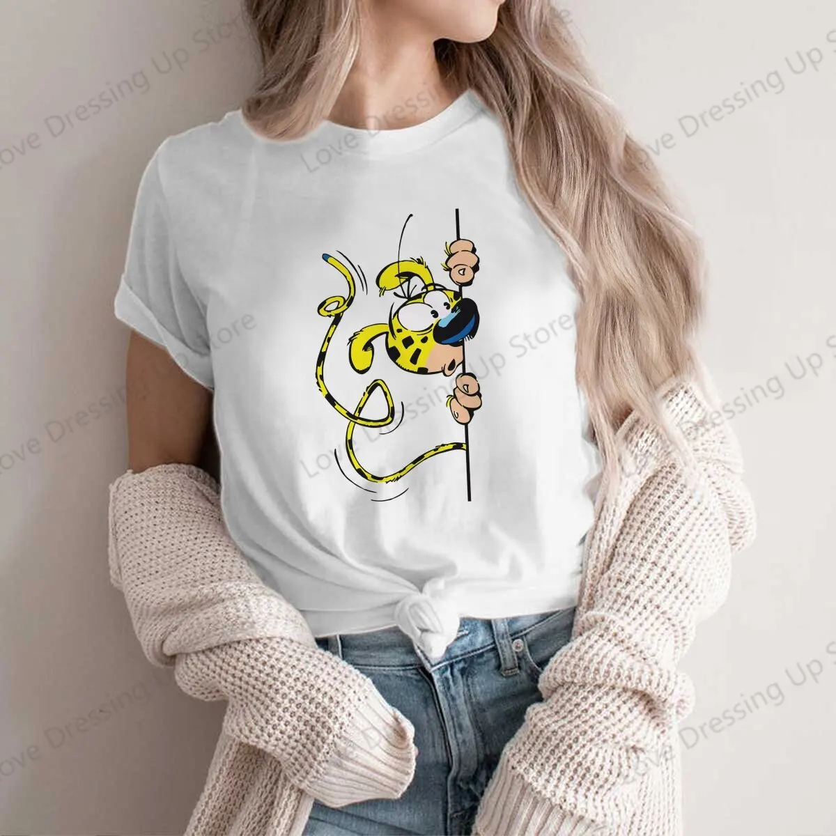 Marsupilami blue wall TShirt for Woman Marsupilami Cartoon Harajuku Casual Short Sleeve Polyester T-Shirt Special