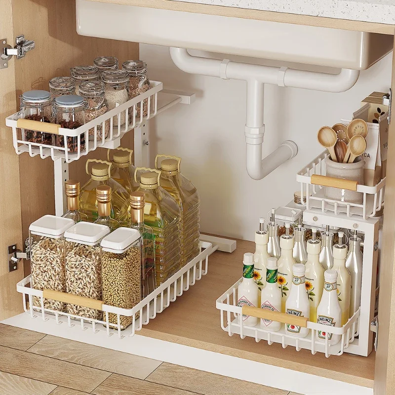 

2 Tier Pull-Out Under Sink Storage Rack Multifunctional Organizer Storage Cabinet Under Sink Sauce Rack Carbon Steel Organizer