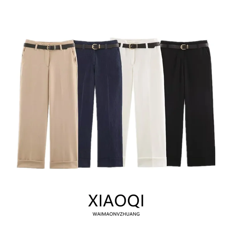 New Autumn 2026 Women's Casual Straight Leg Pants Cuffed Hem with Belt Natural Waist Zipper Closure Ladies Fashion
