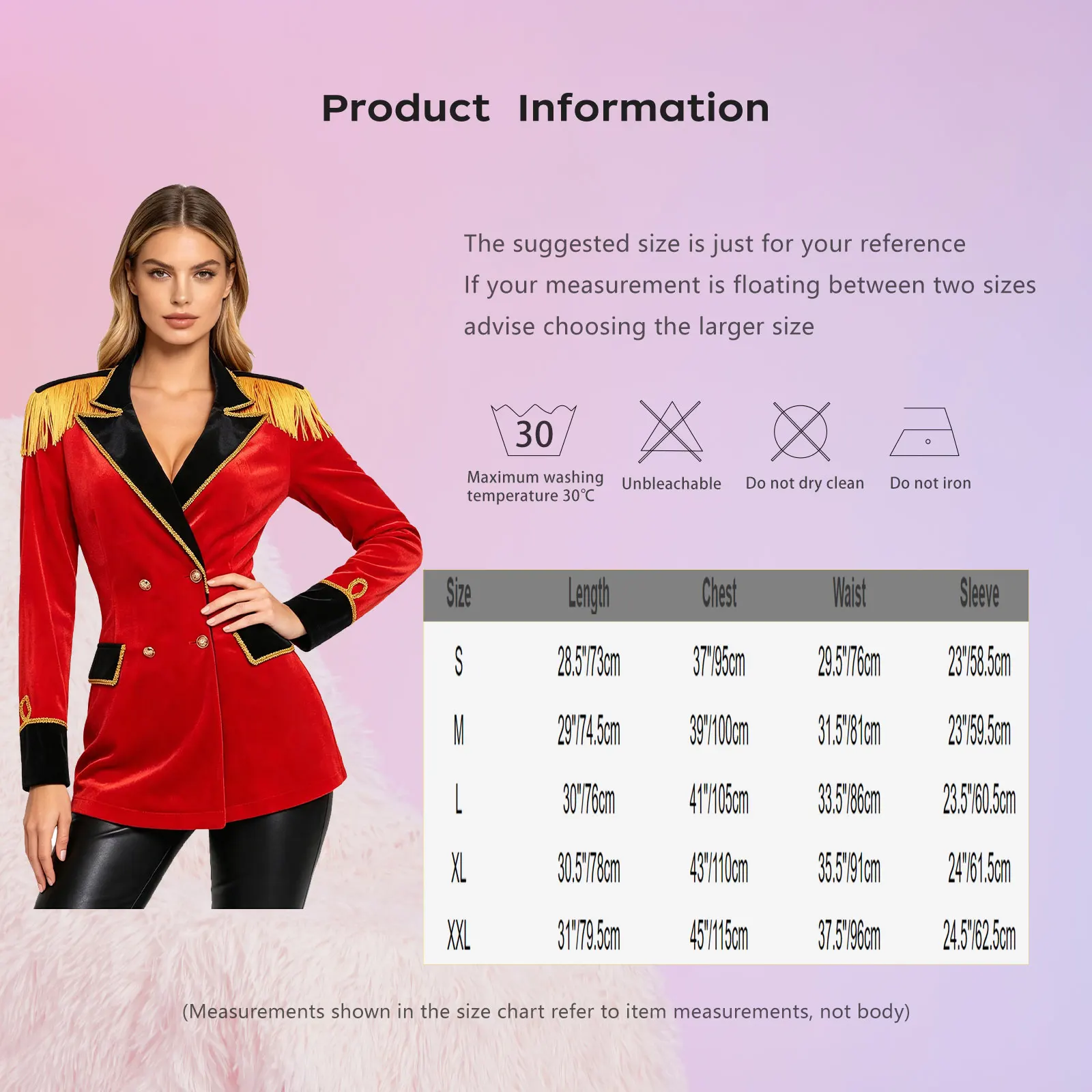 Women Long Sleeve Velvet Circus Ringmaster Jacket Coat Halloween Carnival Theme Party Lion Tamer Showman Performance Costume