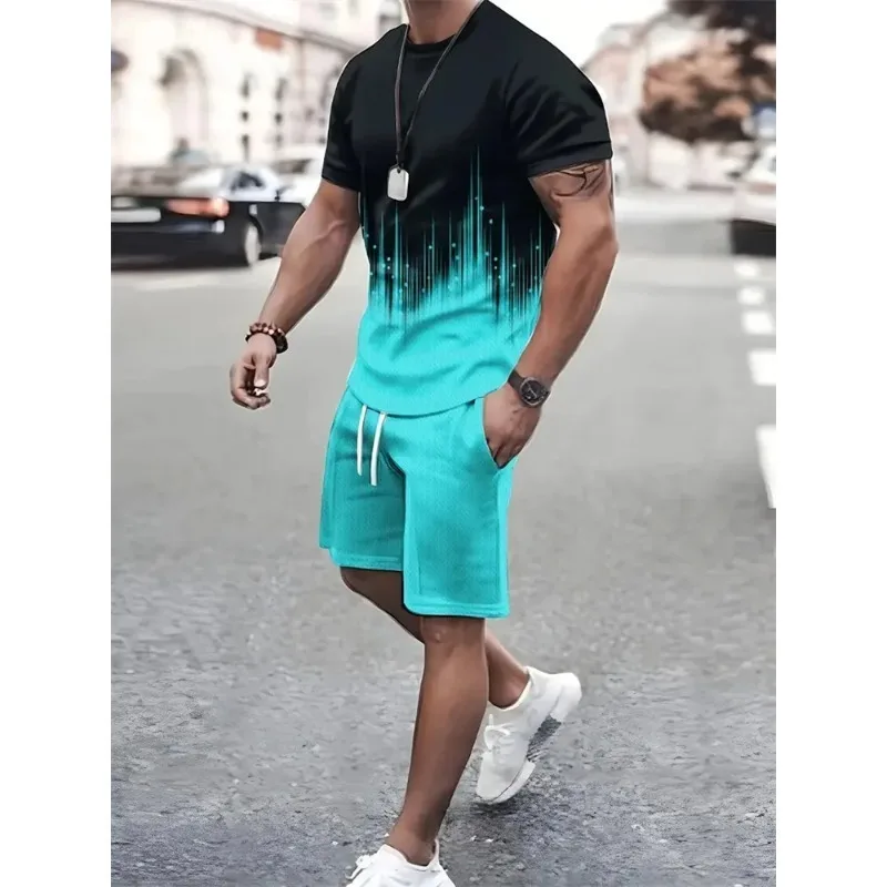 2025 New 3D Textured Men's Flat Size Clothing Printed Suits Short Sleeves and Shorts Casual Summer Sportswear