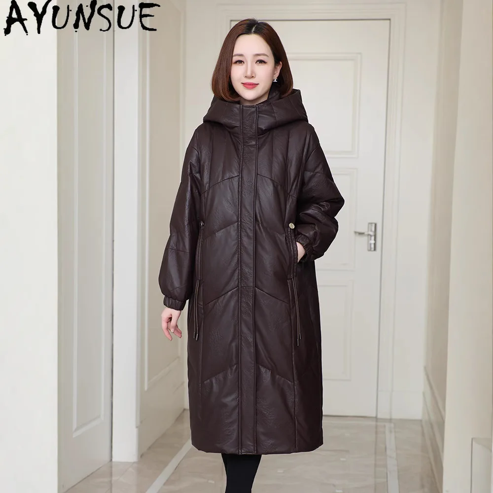 AYUNSUE Giacca in vera pelle di pecora Donna 2025 Abiti invernali Medio-lungo Piumino d'oca bianca Cappotto da donna con cappuccio Jaqueta De Couro