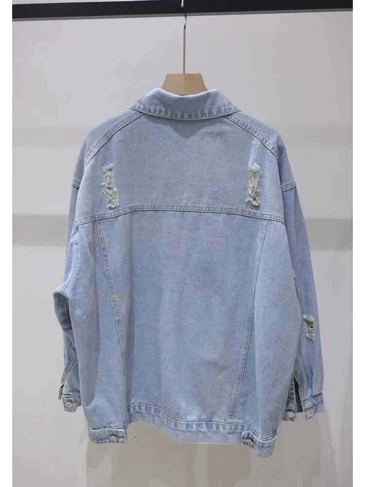 Sewing Beads Cartoon Embroidery Long Sleeve Coat Female 2024 Spring Autumn Loose All-Match Washed Broken Denim Jacket Women