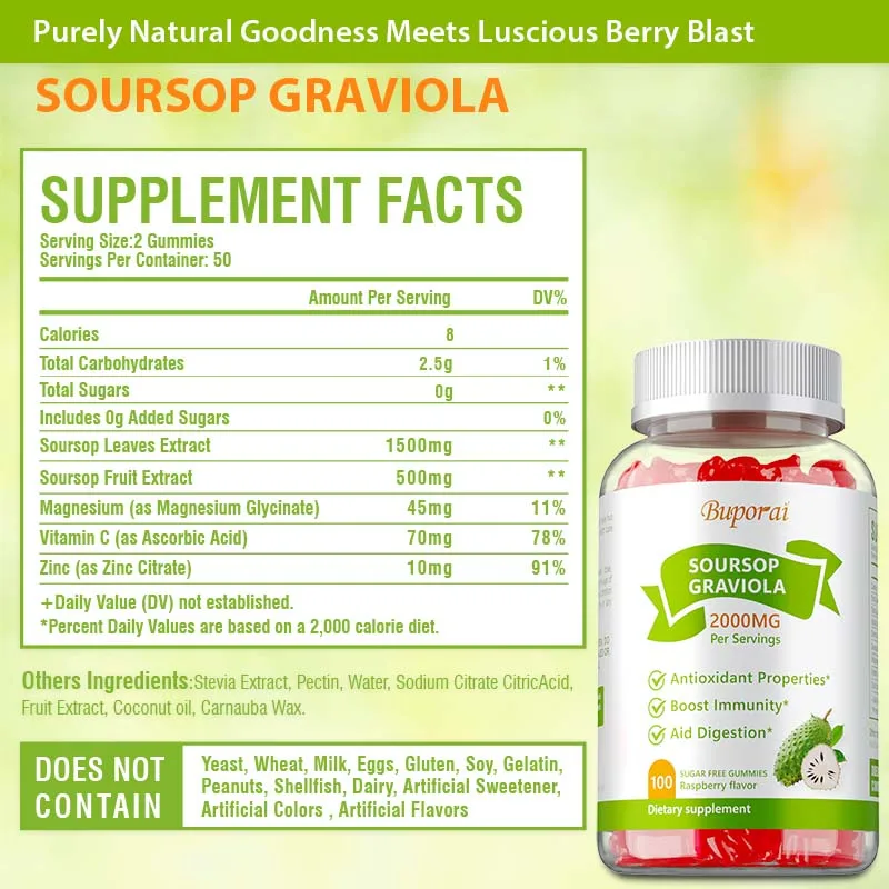 Soursop Graviola Gummies 2000Mg - Aid Digestion, Antioxidant, Supports Healthy Cell Growth and Function, Boosts Cellular Energy