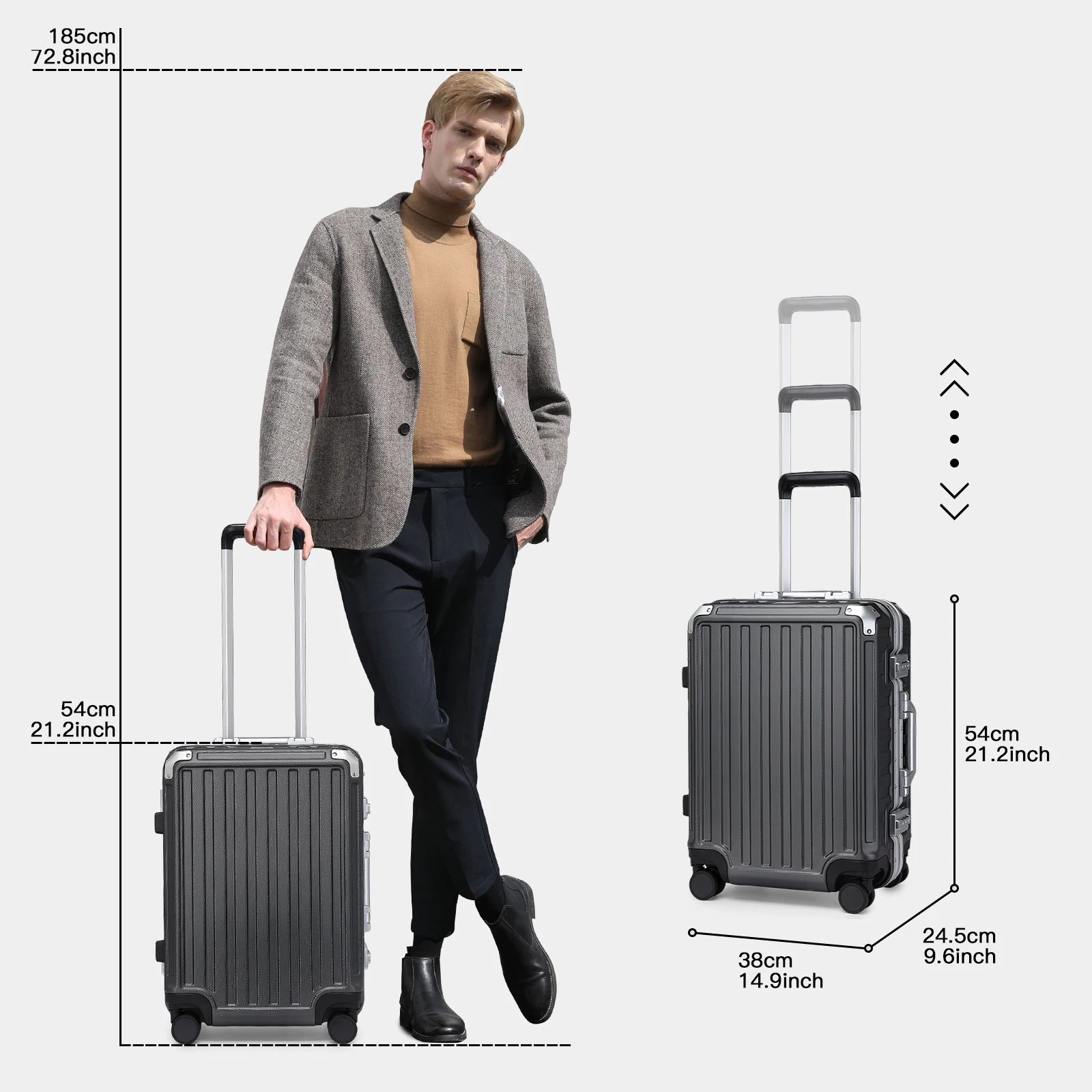 Valigia rigida Trolley Valigia con telaio in alluminio Bagaglio a mano per PC con 4 rotoli TSA Check-in Bagagli Trackcase Nero