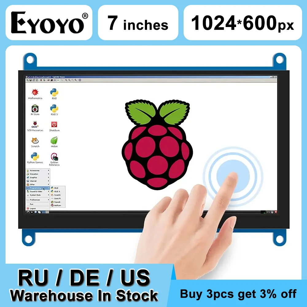 EYOYO 7 "1024 × 600 HD TFT/IPS لوحة شاشة لمس 5 نقاط بالسعة شاشة تعمل باللمس مايكرو HDMI شاشة لراسبيري Pi 4/3B +/3B/2B