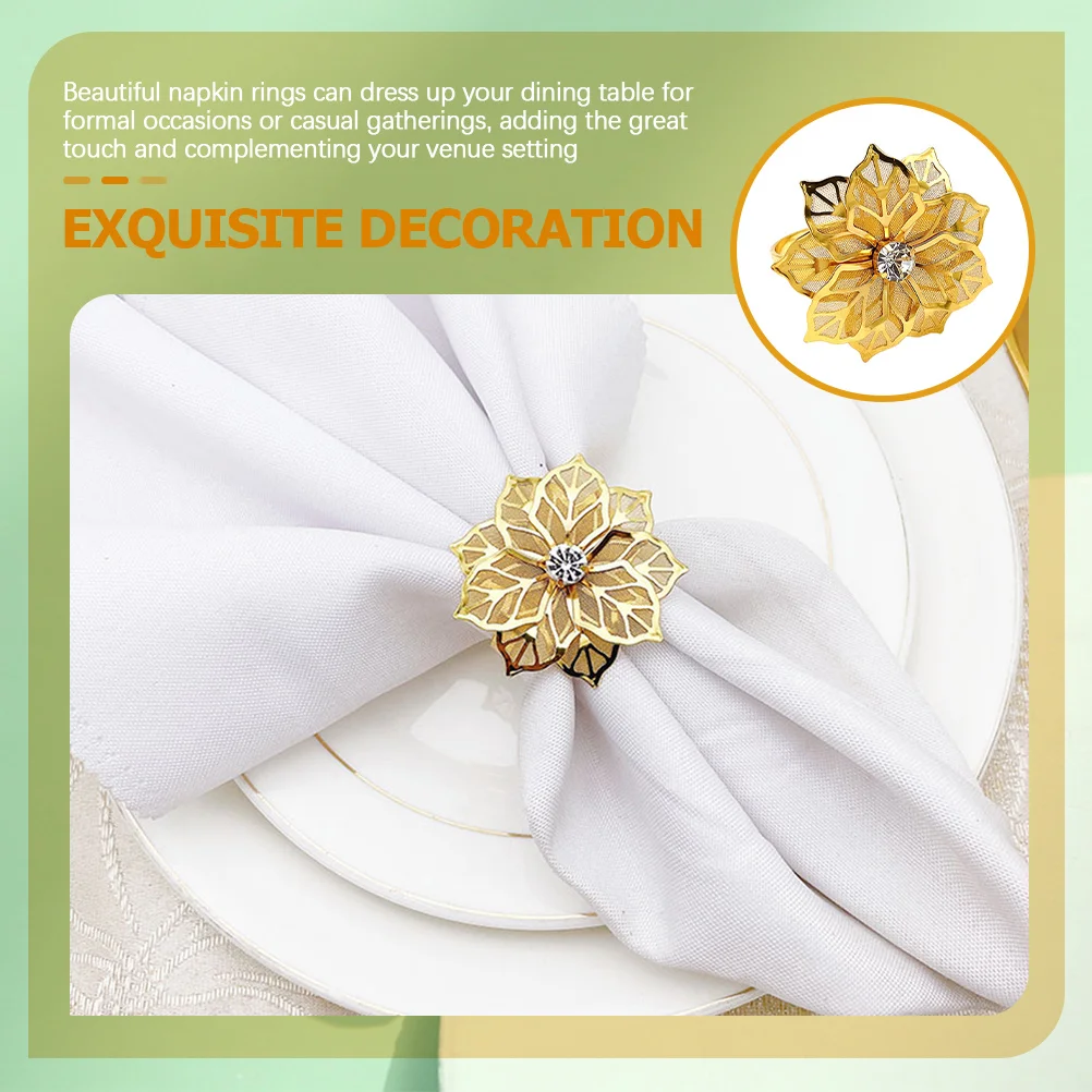 6Pcs Golden Napkin Holders Fine Craftsmanship Rhinestone Flower Design Anniversary Holidays Table Setting Gift