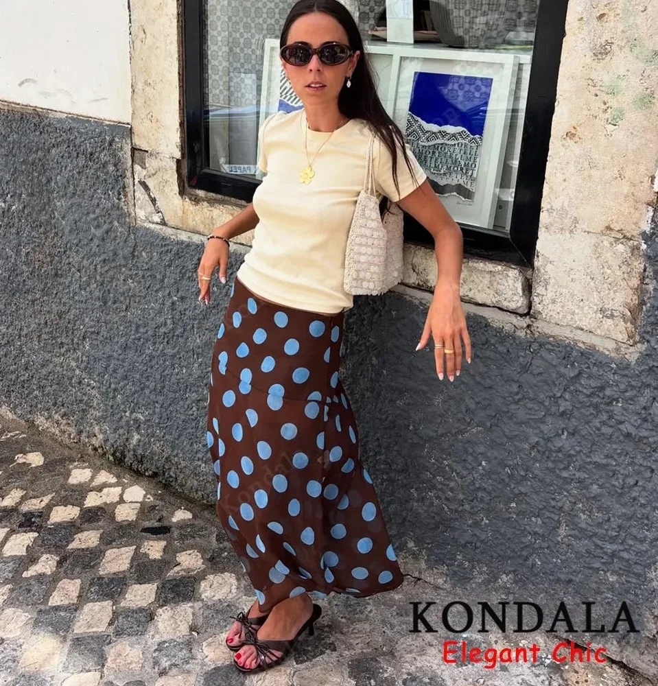 KONDALA أنيقة الأزرق البولكا نقطة تنورة المرأة غير المتكافئة الشيفون ميدي تنورة 2025 الصيف موضة العطلات تنورة سيدة عادية