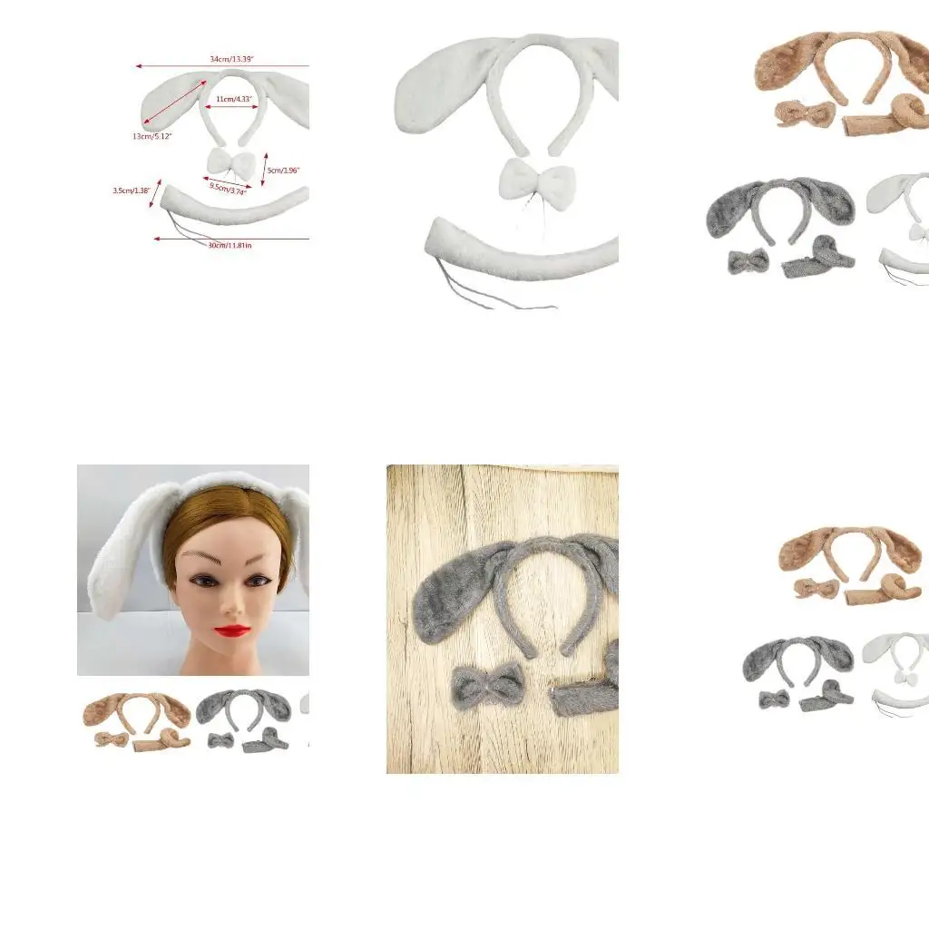 652F Plush Animal Hair Hoop Long Ears Dog Headband + Bow + Tail Set for Gatherings